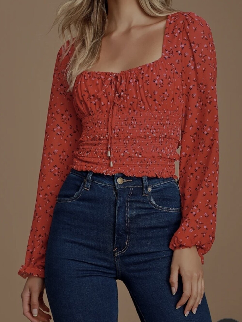 Free People Red Floral Smocked Long Sleeve Blouse Siz Sm